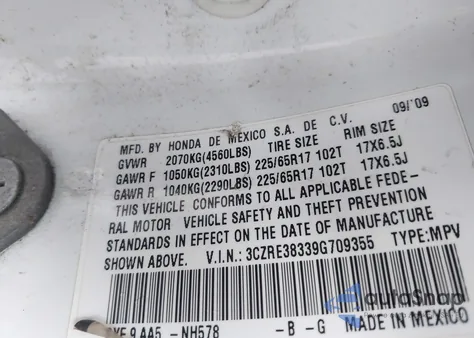 2009 Honda Cr-V Lx z USA, uszkodzony, nr VIN 3CZRE38339G709355